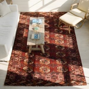 Antique Red Central Asian Turkman Tekke Allover Geometric Knotted Rug (SKU 23914) - styled overhead view