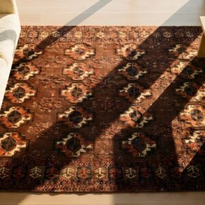 Antique Red Central Asian Turkmen Allover Tribal Geometric Hand Knotted Wool Rug (SKU 23908) - styled overhead view