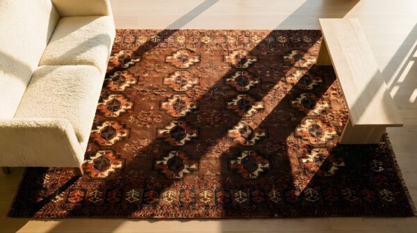 Antique red central asian turkmen allover tribal geometric hand knotted wool rug 2 Antique red central asian turkmen allover tribal geometric hand knotted wool rug (sku 23908) - styled overhead view