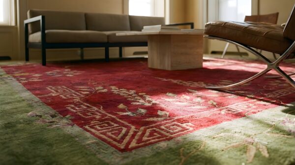Antique wool red hand knotted pile chinese art deco rug (sku 24563) - in-room detail