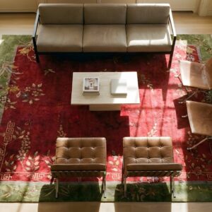 Antique Wool Red Hand Knotted Pile Chinese Art Deco Rug (SKU 24563) - styled overhead view