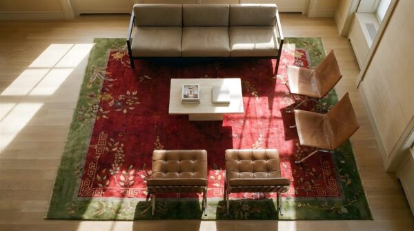 Antique wool red hand knotted pile chinese art deco rug (sku 24563) - styled overhead view