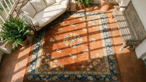 Red antique chinese - art deco allover floral knotted rug 2 Red antique chinese - art deco allover floral knotted rug (sku 25216) - styled overhead view