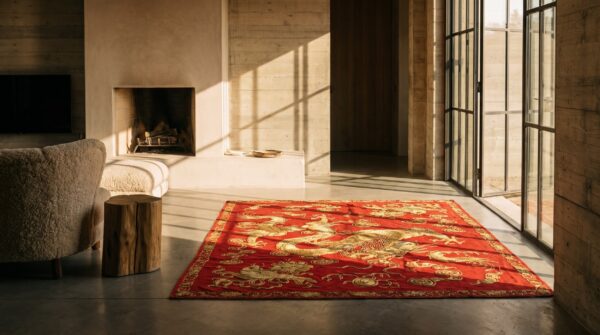 Antique red chinese dragon design square doorway silk and metallic thread textile (sku 21439) - room view