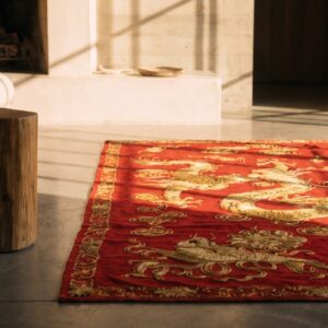 Antique Red Chinese Dragon Design Square Doorway Silk and Metallic Thread Textile (SKU 21439) - in-room detail