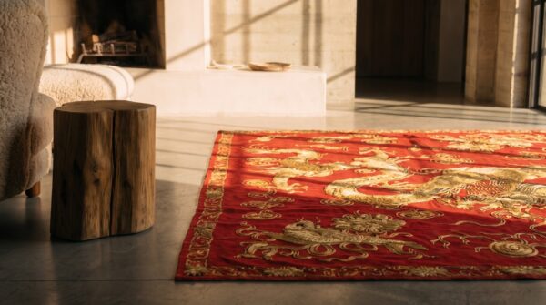 Antique red chinese dragon design square doorway silk and metallic thread textile (sku 21439) - in-room detail