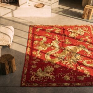 Antique Red Chinese Dragon Design Square Doorway Silk and Metallic Thread Textile (SKU 21439) - styled overhead view