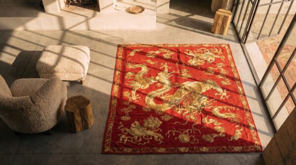 Antique red chinese dragon design square doorway silk and metallic thread textile (sku 21439) - styled overhead view