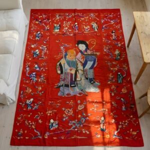 Red Antique Chinese Figural Floral Pattern Artistic Textile (SKU 23940) - styled overhead view