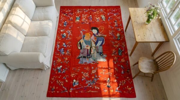 Red antique chinese figural floral pattern artistic textile 2 Red antique chinese figural floral pattern artistic textile (sku 23940) - styled overhead view