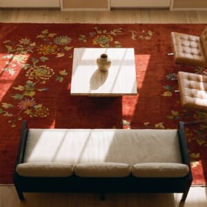 Red Wool Chinese Hand Knotted Pile Antique Floral Art Deco 1930s Rug (SKU 24483) - styled overhead view