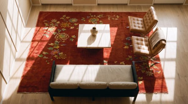 Red wool chinese hand knotted pile antique floral art deco 1930s rug 2 Red wool chinese hand knotted pile antique floral art deco 1930s rug (sku 24483) - styled overhead view