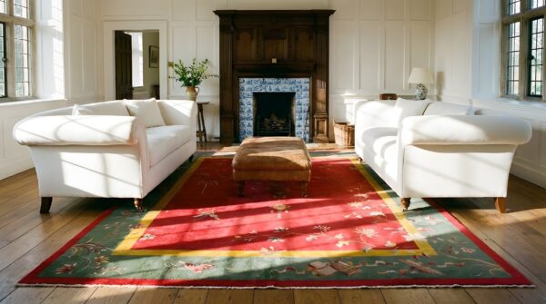Red knotted wool chinese rectangle antique room size - art deco 1920s rug 5 Red knotted wool chinese rectangle antique room size - art deco 1920s rug (sku 23524) - room view
