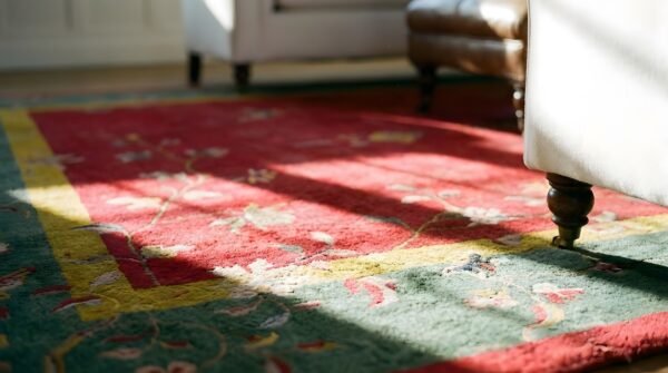 Red knotted wool chinese rectangle antique room size - art deco 1920s rug 6 Red knotted wool chinese rectangle antique room size - art deco 1920s rug (sku 23524) - in-room detail