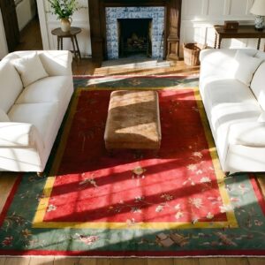 Red Knotted Wool Chinese Rectangle Antique Room Size - Art Deco 1920s Rug (SKU 23524) - styled overhead view