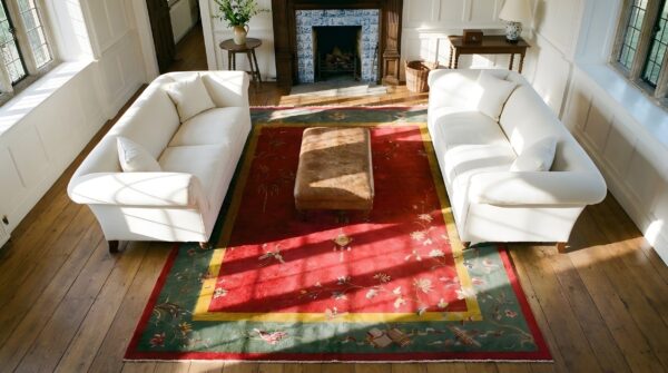 Red knotted wool chinese rectangle antique room size - art deco 1920s rug 2 Red knotted wool chinese rectangle antique room size - art deco 1920s rug (sku 23524) - styled overhead view
