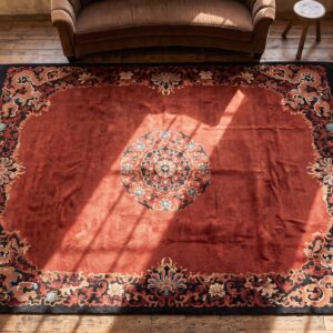 Knotted Wool Antique Red Chinese Room Size - Art Deco 1920s Rectangle Rug (SKU 22507) - styled overhead view