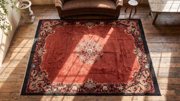 Knotted wool antique red chinese room size - art deco 1920s rectangle rug 2 Knotted wool antique red chinese room size - art deco 1920s rectangle rug (sku 22507) - styled overhead view