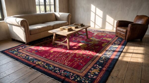 Antique hand knotted red chinese room size deco rug 8 Antique hand knotted red chinese room size deco rug (sku 23145) - room view