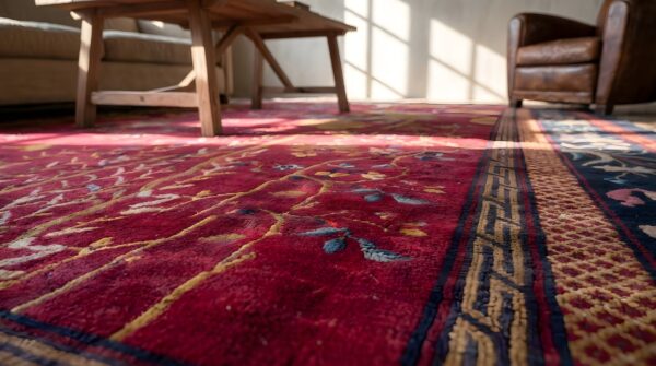 Antique hand knotted red chinese room size deco rug 9 Antique hand knotted red chinese room size deco rug (sku 23145) - in-room detail