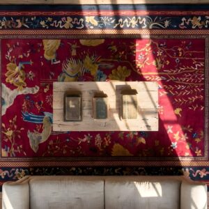 Antique Hand Knotted Red Chinese Room Size Deco Rug (SKU 23145) - styled overhead view