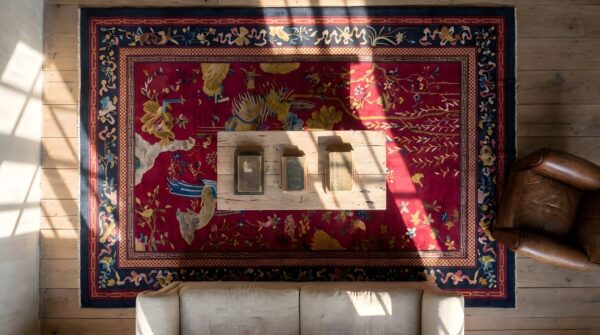 Antique hand knotted red chinese room size deco rug 2 Antique hand knotted red chinese room size deco rug (sku 23145) - styled overhead view
