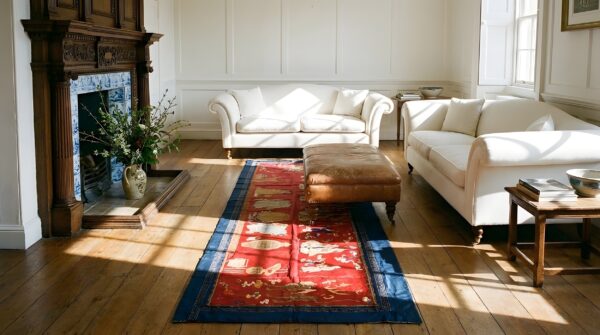 Antique red chinese textile hallway runner rug (sku 24014) - in-room detail