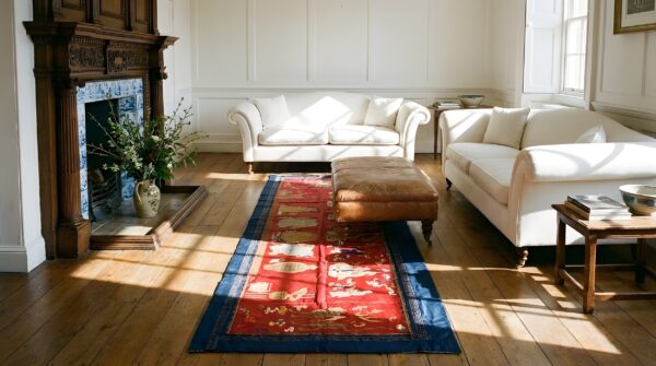 Antique red chinese textile hallway runner rug (sku 24014) - styled overhead view