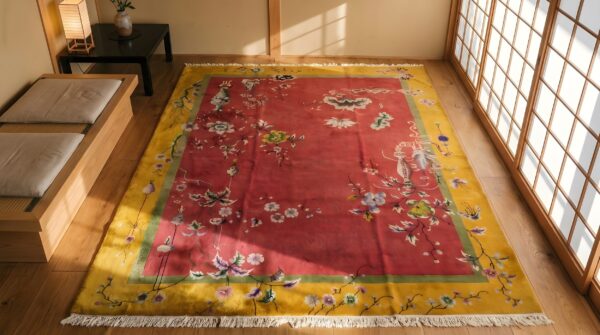 Antique red classic floral pattern art deco chinese room size carpet 2 Antique red classic floral pattern art deco chinese room size carpet (sku 23047) - styled overhead view