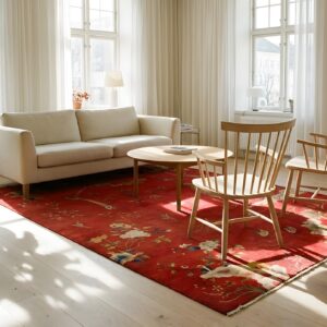 Antique Red Color 1920s Art Deco Design Chinese Rug (SKU 23987) - styled overhead view