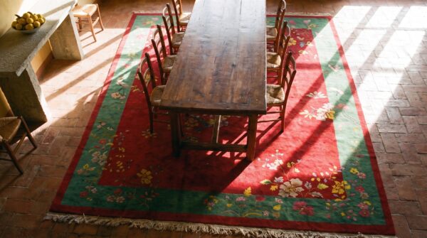 Antique red color field chinese art deco room size area rug 2 Antique red color field chinese art deco room size area rug (sku 21476) - styled overhead view