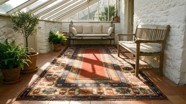 Red color solid open field mid 19th century tribal geometric caucasian kazak carpet 8 Red color solid open field mid 19th century tribal geometric caucasian kazak carpet (sku 20310) - room view