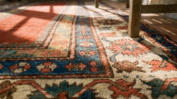 Red color solid open field mid 19th century tribal geometric caucasian kazak carpet 9 Red color solid open field mid 19th century tribal geometric caucasian kazak carpet (sku 20310) - in-room detail