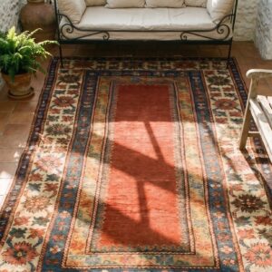 Red Color Solid Open Field Mid 19th Century Tribal Geometric Caucasian Kazak Carpet (SKU 20310) - styled overhead view