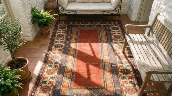 Red color solid open field mid 19th century tribal geometric caucasian kazak carpet 2 Red color solid open field mid 19th century tribal geometric caucasian kazak carpet (sku 20310) - styled overhead view
