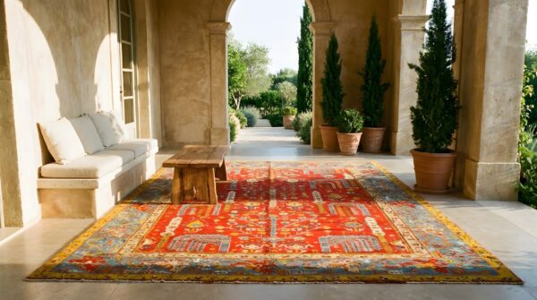 Red color weeping willow design antique turkish oushak rug (sku 24784) - room view