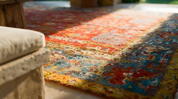 Red color weeping willow design antique turkish oushak rug (sku 24784) - in-room detail