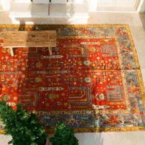Red Color Weeping Willow Design Antique Turkish Oushak Rug (SKU 24784) - styled overhead view