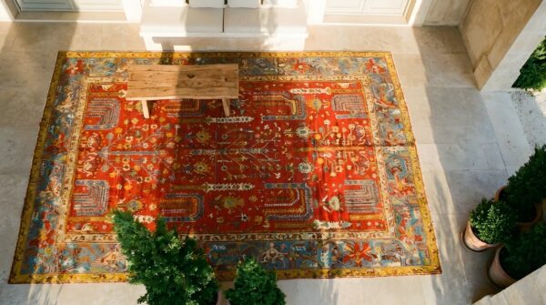 Red color weeping willow design antique turkish oushak rug (sku 24784) - styled overhead view