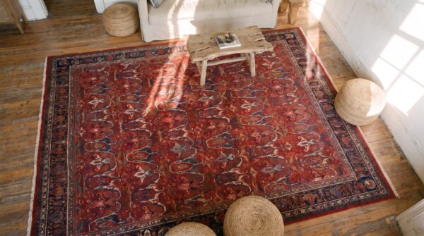 Antique red field allover tribal garous design large size persian bidjar carpet 2 Antique red field allover tribal garous design large size persian bidjar carpet (sku 21091) - styled overhead view