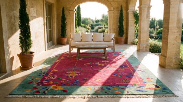 Red field and teal border antique art deco chinese rug 7 Red field and teal border antique art deco chinese rug (sku 23650) - room view