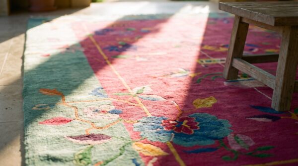 Red field and teal border antique art deco chinese rug 8 Red field and teal border antique art deco chinese rug (sku 23650) - in-room detail