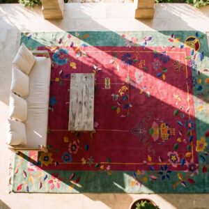 Red Field And Teal Border Antique Art Deco Chinese Rug (SKU 23650) - styled overhead view
