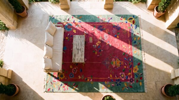 Red field and teal border antique art deco chinese rug 2 Red field and teal border antique art deco chinese rug (sku 23650) - styled overhead view