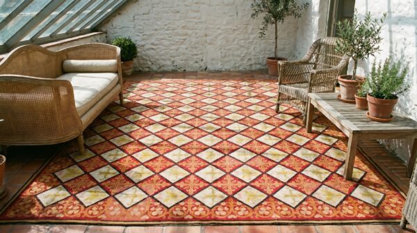 Red antique flatwoven geometric french fleur de lis design needlepoint carpet 11 Red antique flatwoven geometric french fleur de lis design needlepoint carpet (sku 19057) - room view