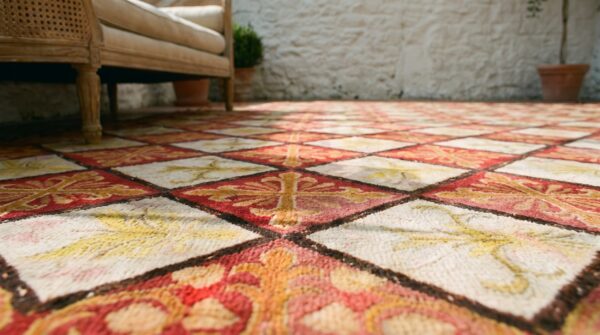 Red antique flatwoven geometric french fleur de lis design needlepoint carpet 12 Red antique flatwoven geometric french fleur de lis design needlepoint carpet (sku 19057) - in-room detail