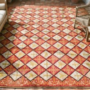 Red Antique Flatwoven Geometric French Fleur De Lis Design Needlepoint Carpet (SKU 19057) - styled overhead view
