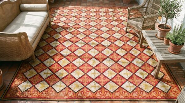 Red antique flatwoven geometric french fleur de lis design needlepoint carpet 2 Red antique flatwoven geometric french fleur de lis design needlepoint carpet (sku 19057) - styled overhead view
