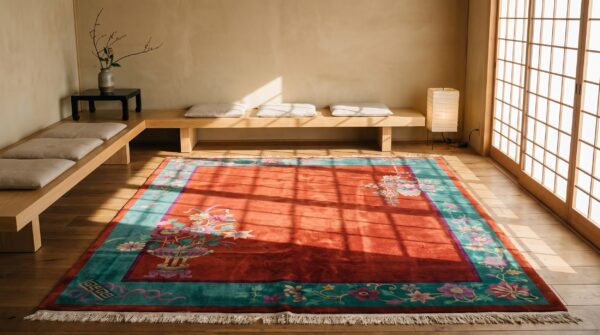 Red floral wool 1920s antique hand knotted chinese art deco rug (sku 22328) - room view