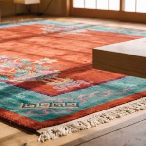 Red Floral Wool 1920s Antique Hand Knotted Chinese Art Deco Rug (SKU 22328) - in-room detail